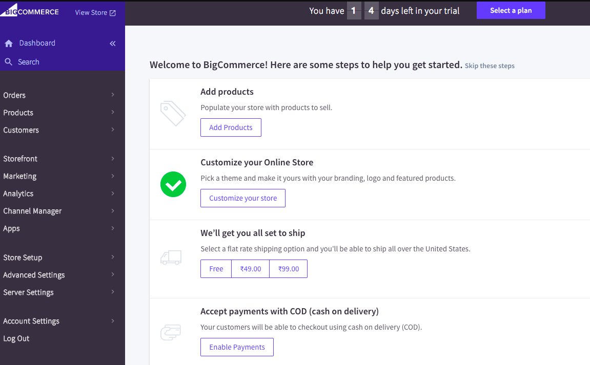 Dashboard Image of BigCommerce Trial